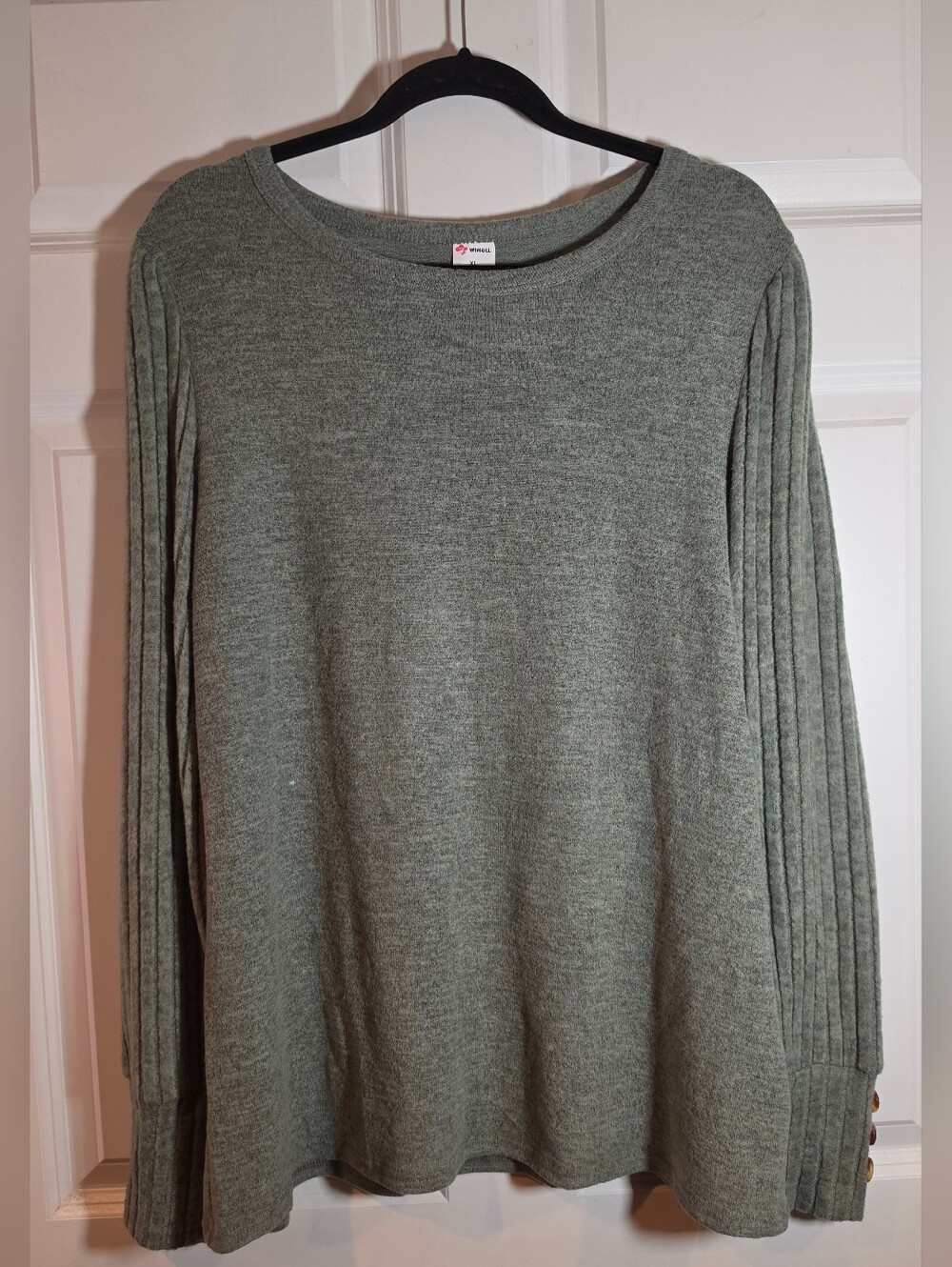 Wiholl Cozy Rib-Sleeve Sweater Top - Olive Green XL